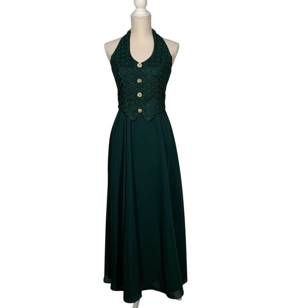 Vintage Forever USA Emerald Green Halter Floral Knit Prom Formal Gown Size 5/6